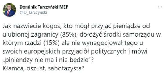 Tarczyński komentuje wpis Halickiego