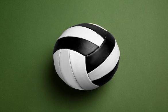 bright black white volleyball ball professional sport equipment isolated green studio background