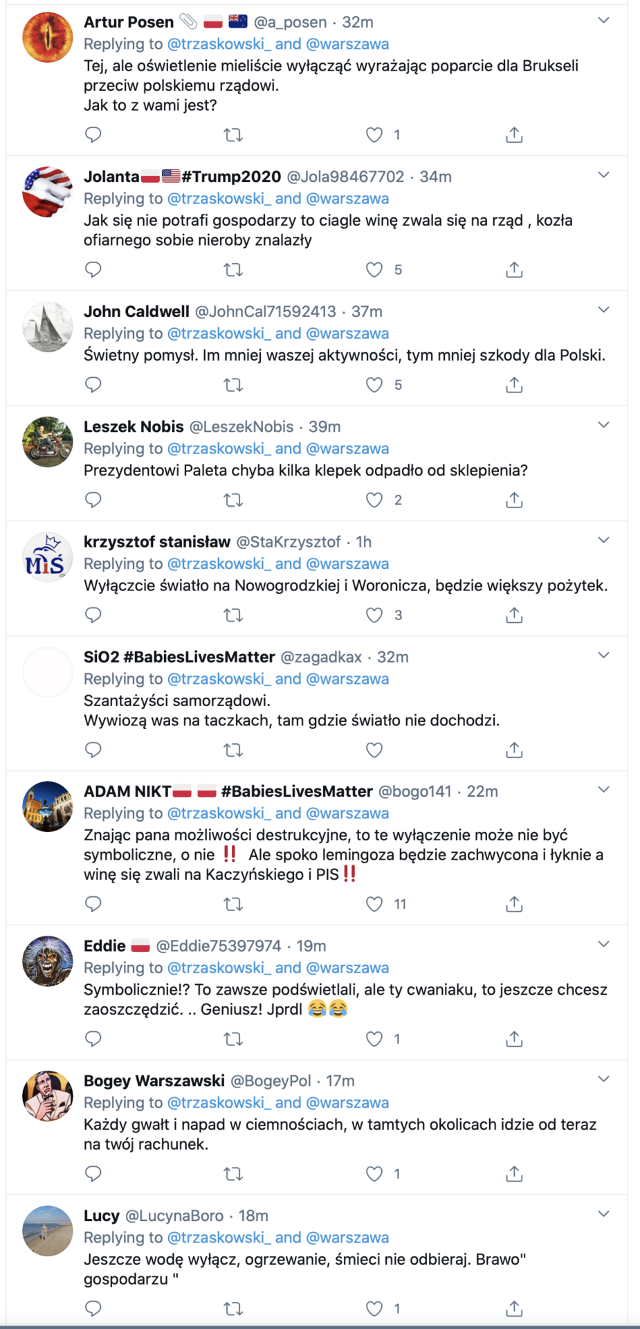 reakcje na twit Trzaskowskiego o udziale Warszawy w Protescie Samorzadow